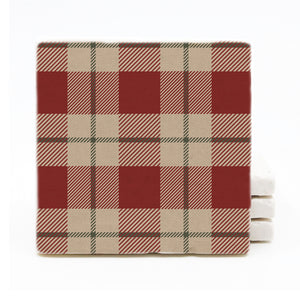 Tan, Red, Green Plaid Winter Printed Marble Drink Coasters