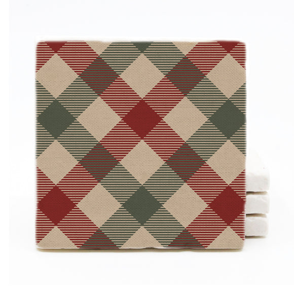 Tan, Red, Green Plaid Winter Printed Marble Drink Coasters