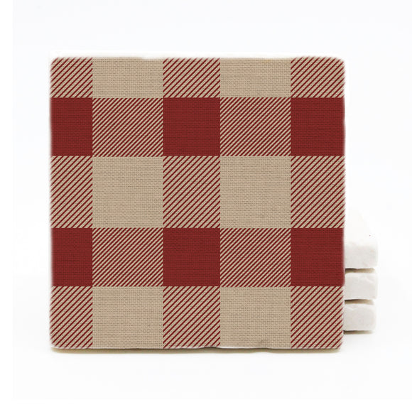 Tan, Red, Green Plaid Winter Printed Marble Drink Coasters